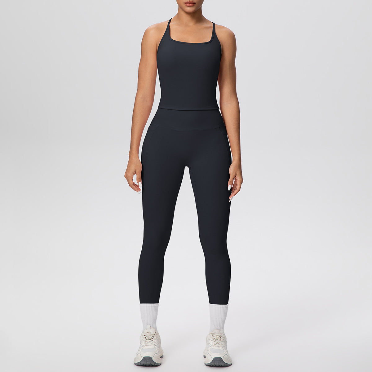 Solid Color Skin Friendly H Shaped Beauty Back Sports Vest Pocket Yoga Pants Leggings Fitness Yoga Wear Set for Women