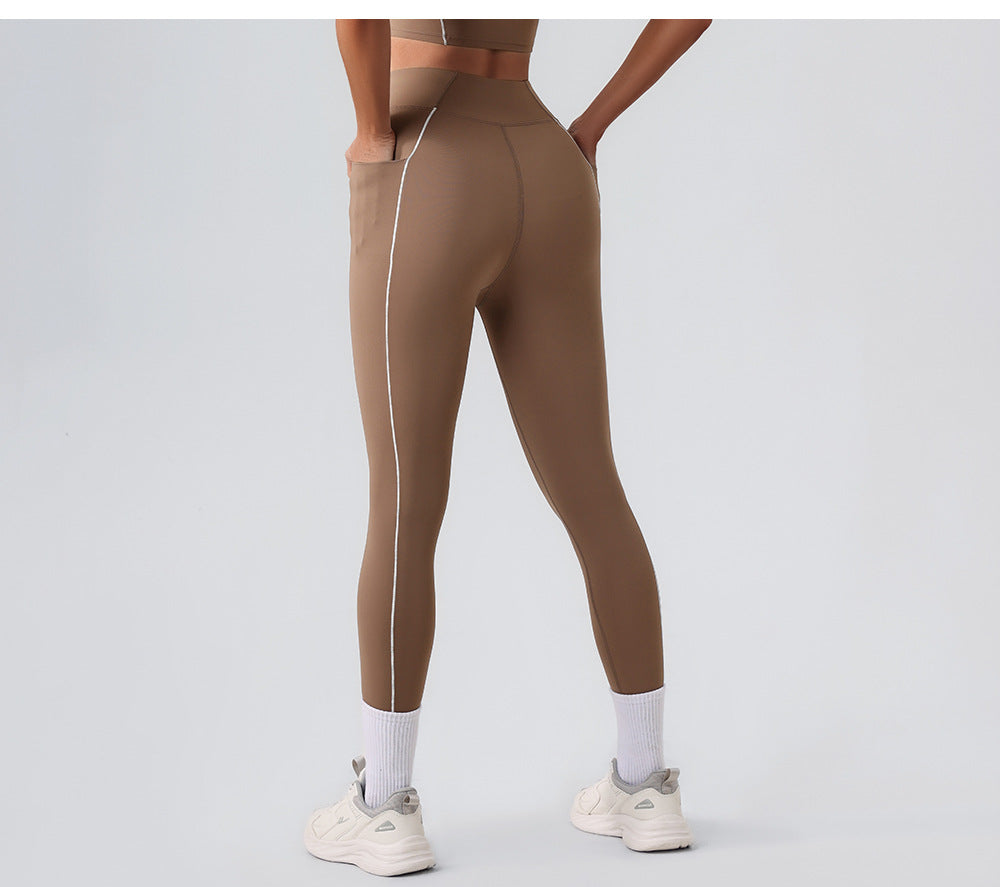 Arrival Contrast Color High Waist Nude Feel Pocket Yoga Pants Women Running Fitness Pants Outer Wear Tight Sports Pants