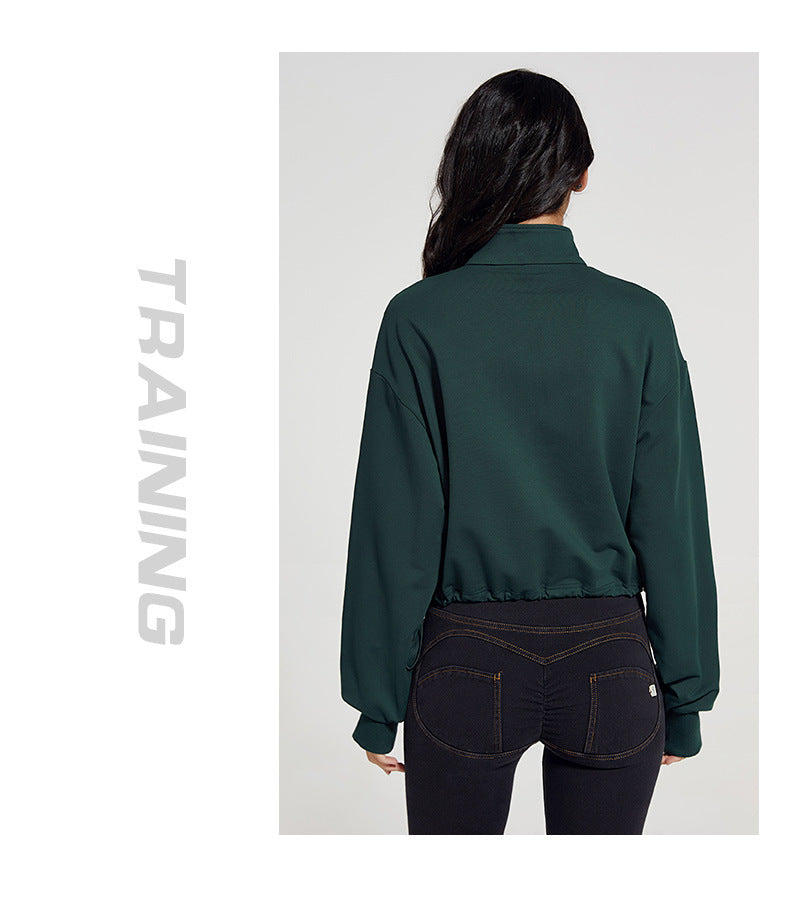 Autumn Long Collar Fitness Sports Sweater Women Loose Zip Drawstring Long Sleeve Yoga Wear Top T shirt