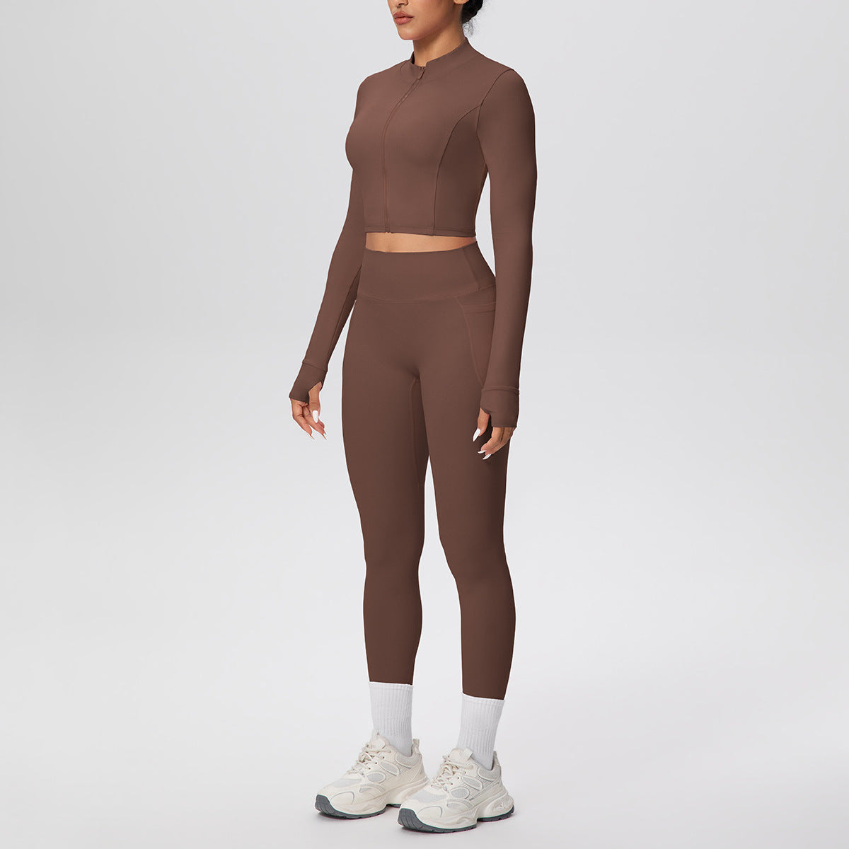 Tight High Waist Nude Feel Thumb Hole Zip Long Sleeve Coat Pocket Yoga Clothes Fitness Hip Lifting Yoga Set