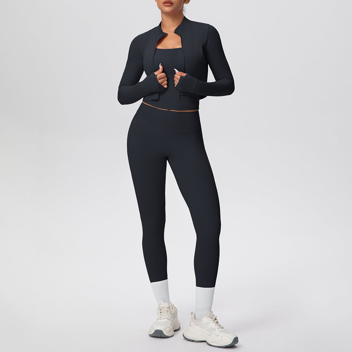 Solid Color Zip Long Sleeve Coat H Shaped Beauty Back Vest Slim Fit Yoga Pants Workout Clothes Yoga Three Piece Set
