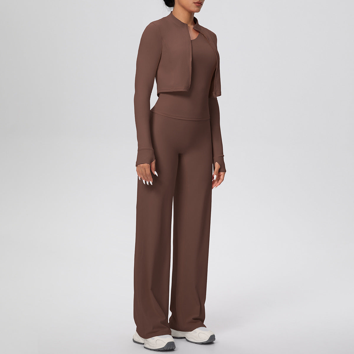 Women Solid Color Zip Long Sleeve Coat Oblique Shoulder Vest Baggy Straight Trousers Workout Clothes Yoga Three Piece Set