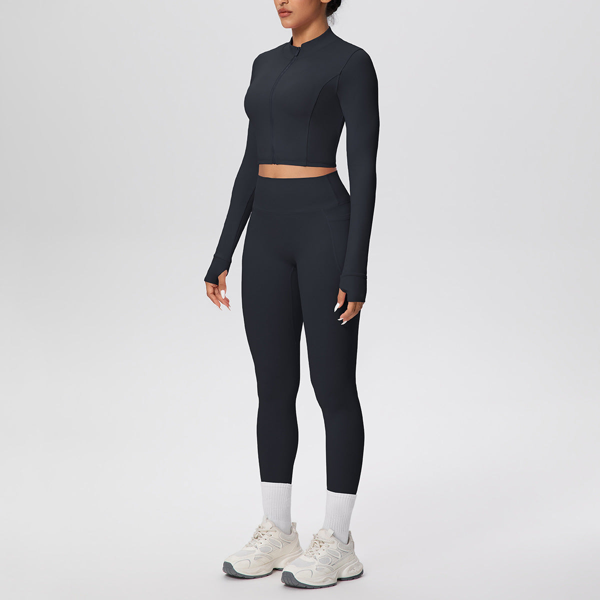 Tight High Waist Nude Feel Thumb Hole Zip Long Sleeve Coat Pocket Yoga Clothes Fitness Hip Lifting Yoga Set