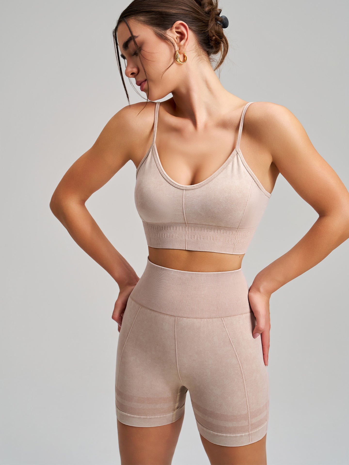 Tight Exercise Workout Outfit Seamless Stone Washed Yoga Shorts Sports Bra Two Piece Sets