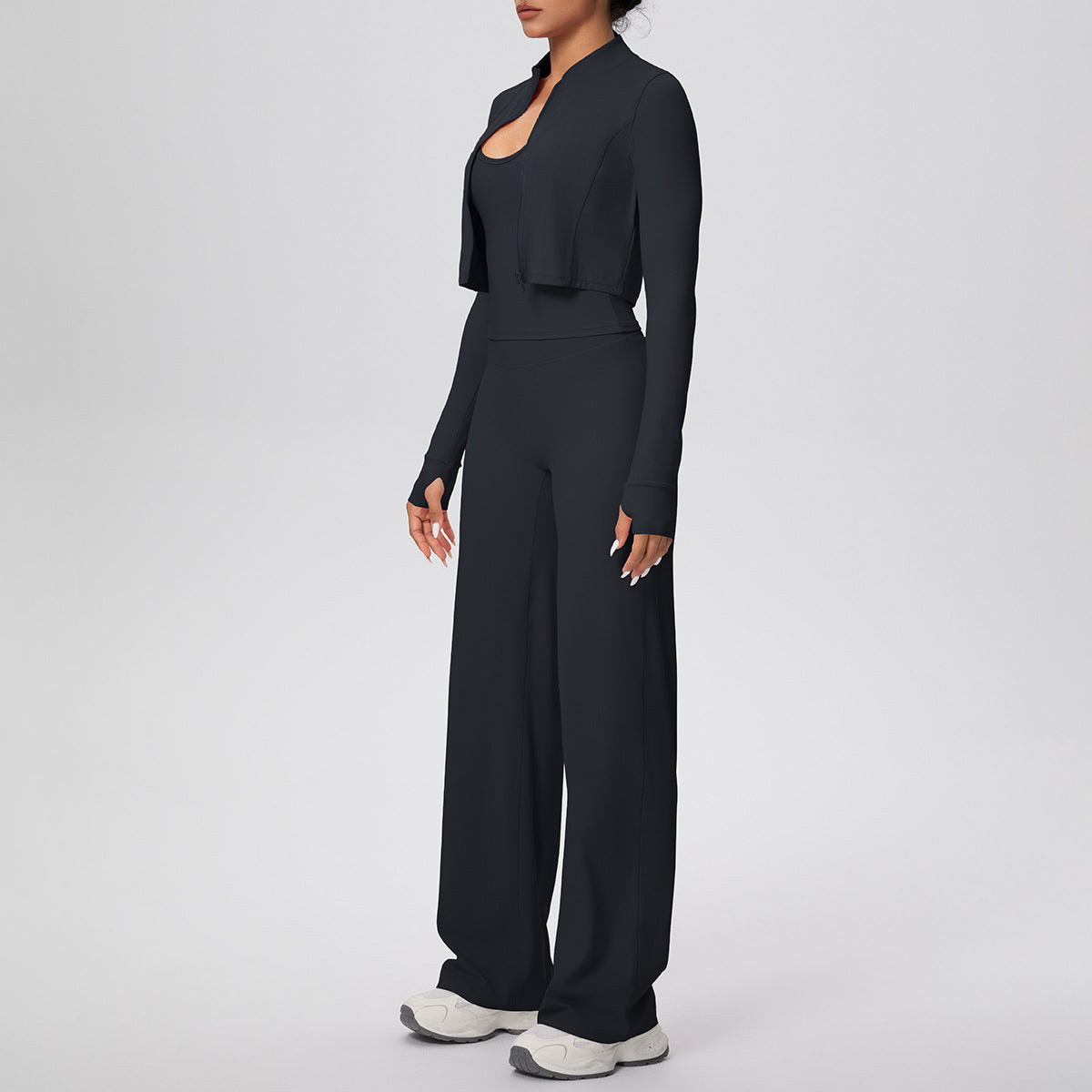 Solid Color Sports Zip Long Sleeve Coat Strap Vest Baggy Straight Trousers Workout Clothes Yoga Three Piece Set