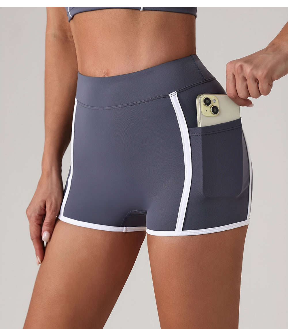 Women Yoga Shorts Pocket Nude Feel High Waist Tight Sports Pants Running Fitness Outer Shorts
