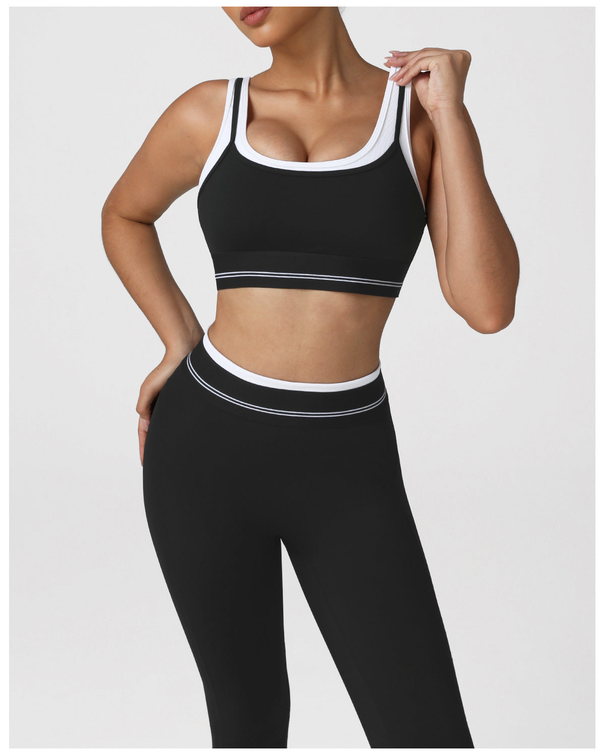 Contrast Color Hip Lifting Yoga Clothes Skinny Ankle Length Pants Suit Faux Two Piece High Elastic Sports Vest Fitness Two Piece Sets Women