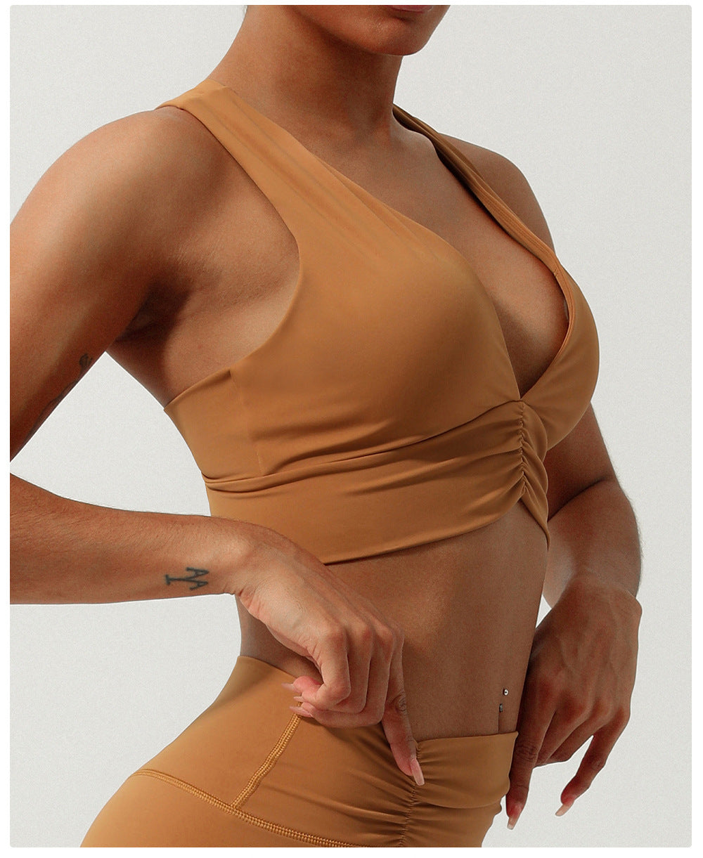 Nude Feel Gathered V neck Yoga Bra Cross Beauty Back Exercise Underwear Shockproof Workout Clothes Underwear Padded