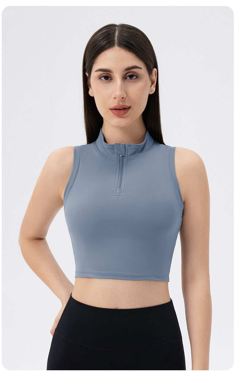 Sleeveless Stand Collar Slimming Yoga Clothes Vest Front Zipper Skinny Exercise Top with Chest Pad Running Workout Vest Women