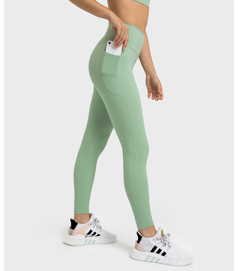 Criss Cross Waist Sports Tights Women Double-Side Pocket without T-Line High Elastic Hip Lifting Cropped Yoga Pants