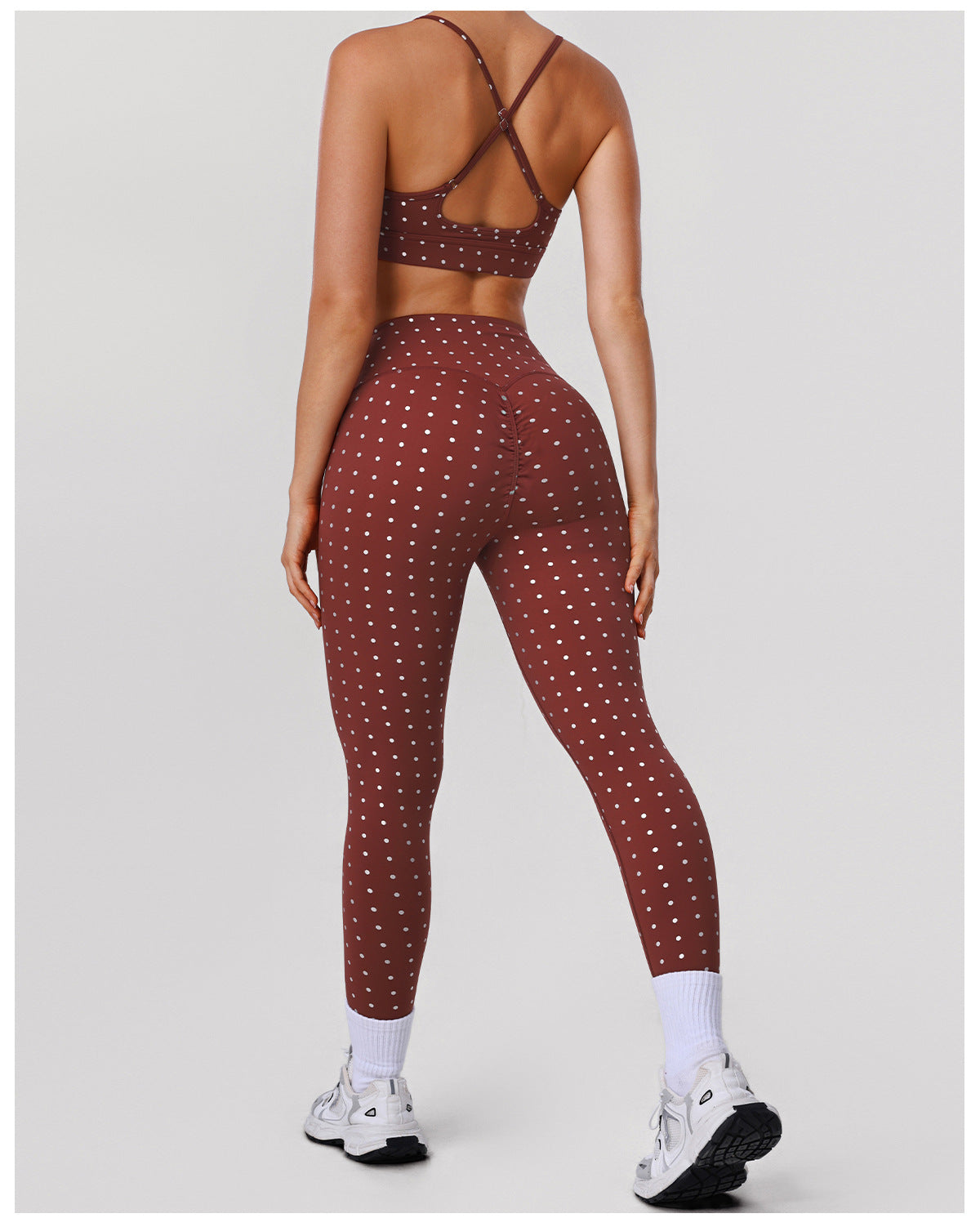 Silver Polka Dot Yoga High Elastic Tights Push up Sports Bra Fitness Two Piece Sets