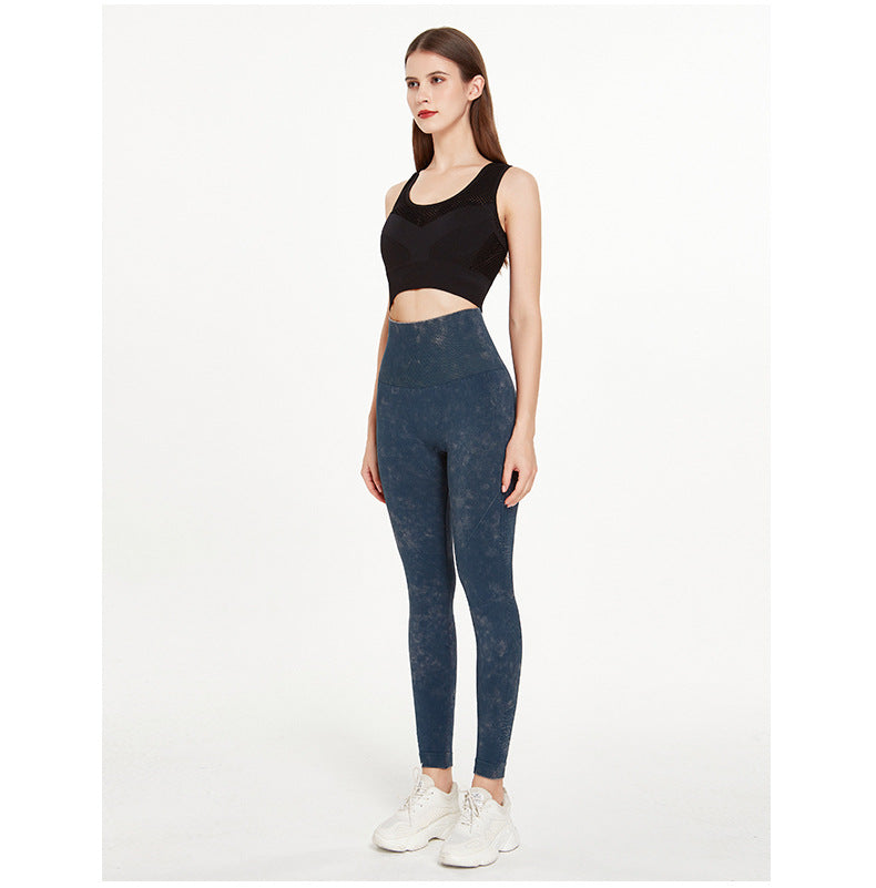 Women Retro Imitation Denim Stone Washed Yoga Pants High Waist Elastic Running Fitness Tight Sports Pants