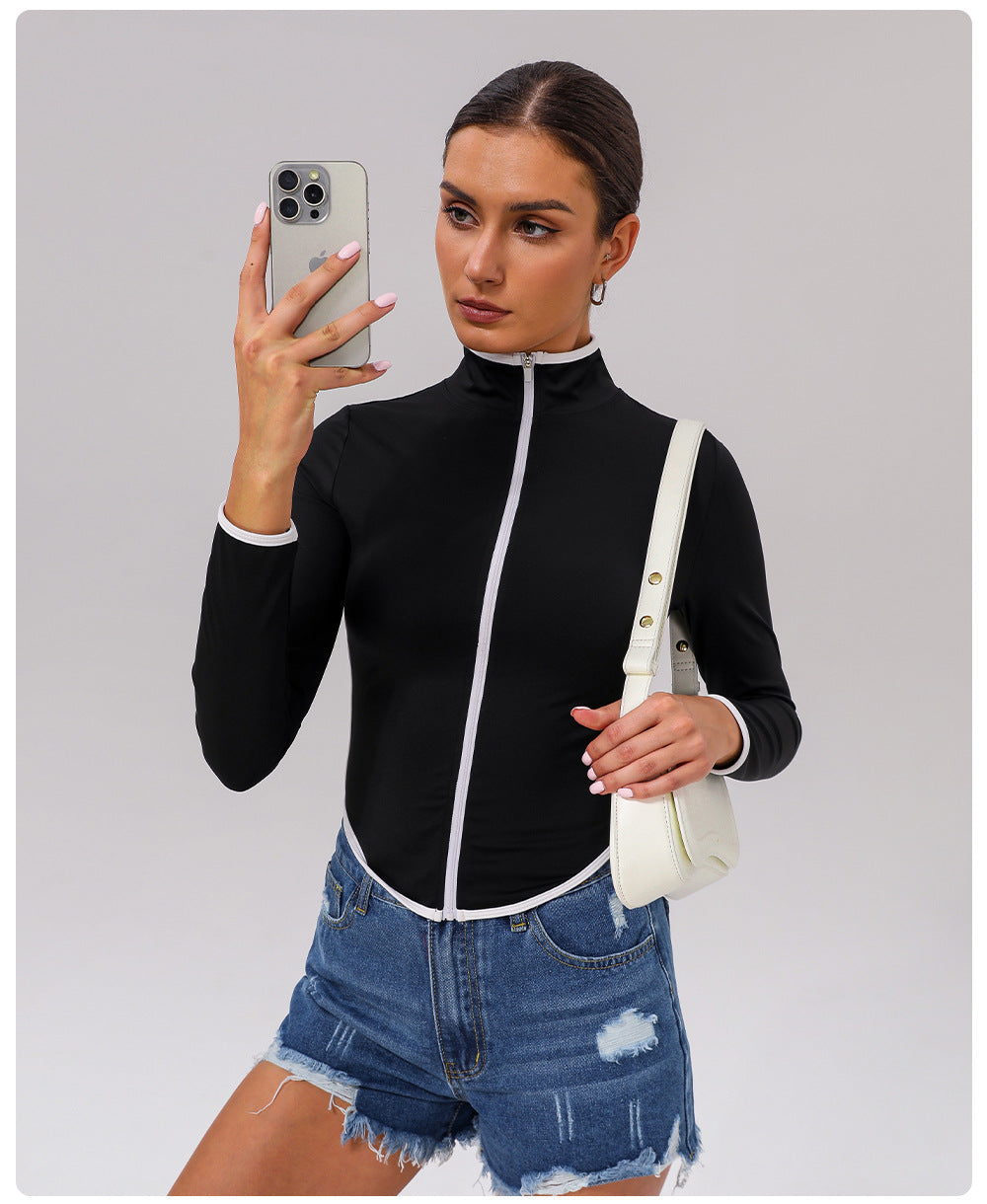 Contrast Color Sports Yoga Jacket Stand Collar Long Sleeve Coat Outdoor Workout Clothes Top