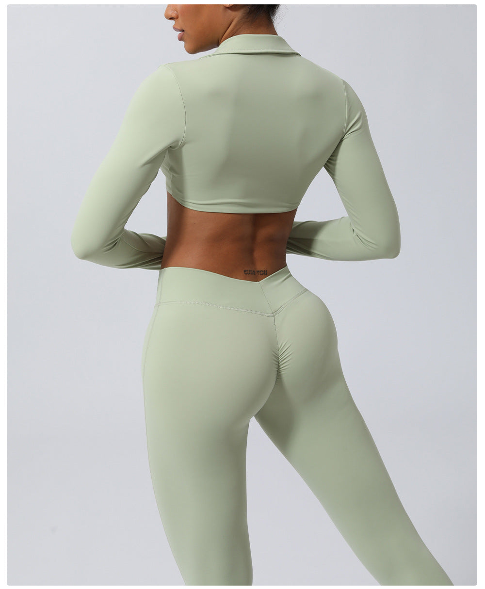 Wrinkle Hip Lifting Yoga Clothes Trousers Nude Feel Quick Drying Fitness Suit Running Sport Long Sleeve T Shirt With Chest Pad