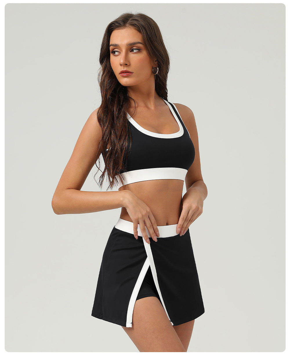 Contrast Color Sports Bra Tennis Skirt Set Women Quick Drying Anti Emptied Pantskirt Sports Set