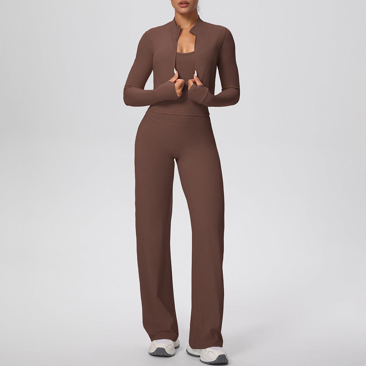 Solid Color Sports Zip Long Sleeve Coat Strap Vest Baggy Straight Trousers Workout Clothes Yoga Three Piece Set
