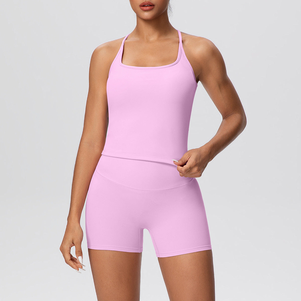 Solid Color Skin Friendly H Shaped Beauty Back Sports Vest Yoga Shorts Tight Leggings Fitness Yoga Wear Set