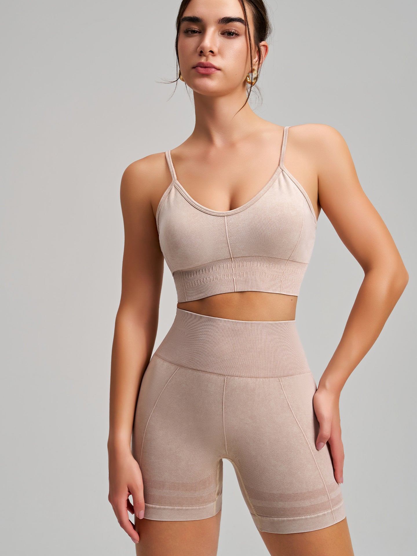 Tight Exercise Workout Outfit Seamless Stone Washed Yoga Shorts Sports Bra Two Piece Sets