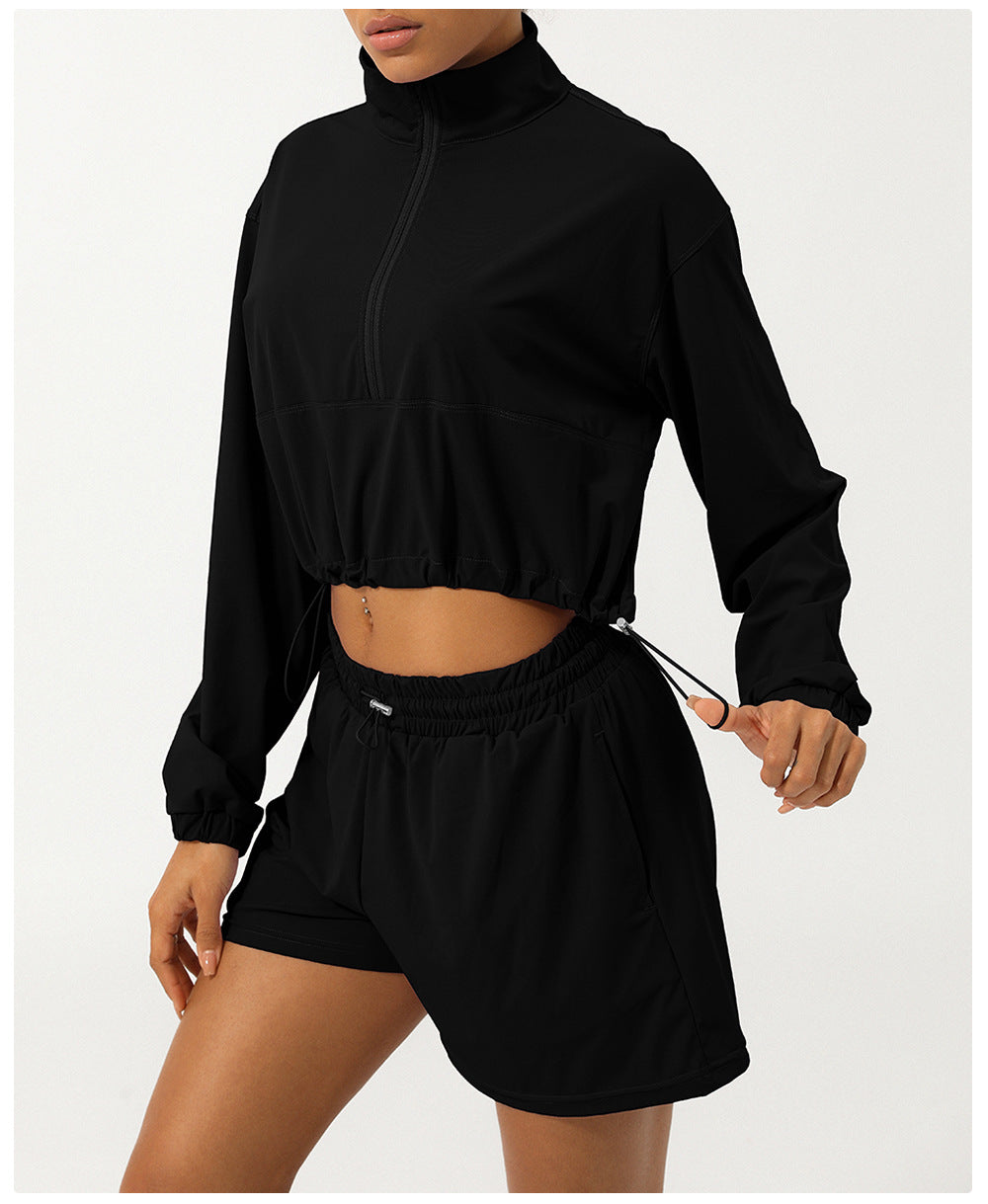 Summer Half Zipper Turtleneck Sun Protection Yoga Clothes Coat UV Protection Outdoor Skin Clothing Hoodie With Drawstrings Sun Protective Clothing