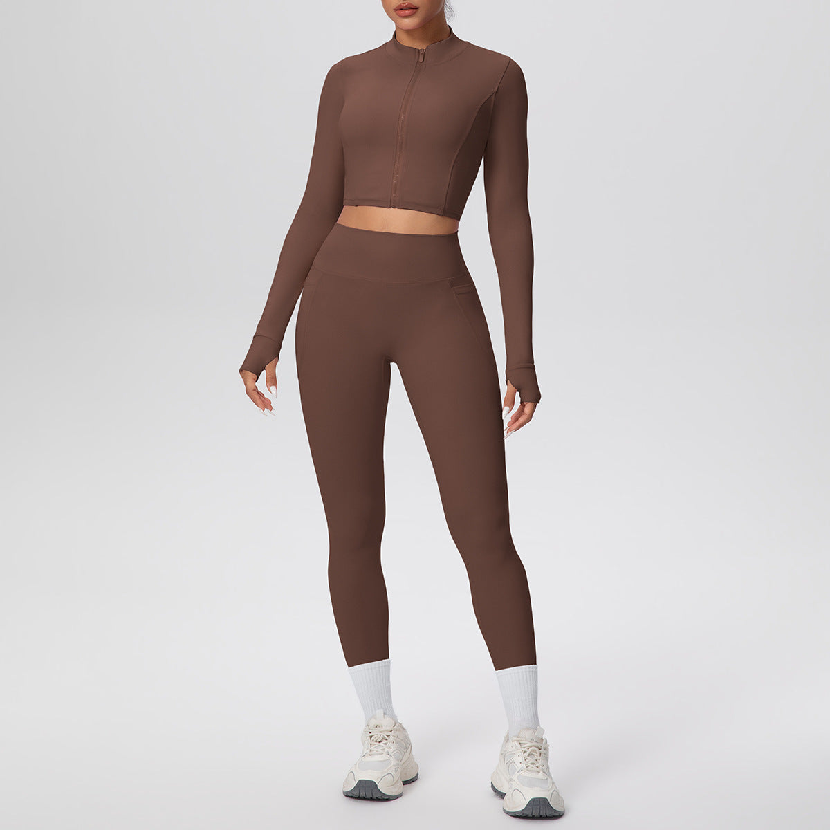 Tight High Waist Nude Feel Thumb Hole Zip Long Sleeve Coat Pocket Yoga Clothes Fitness Hip Lifting Yoga Set