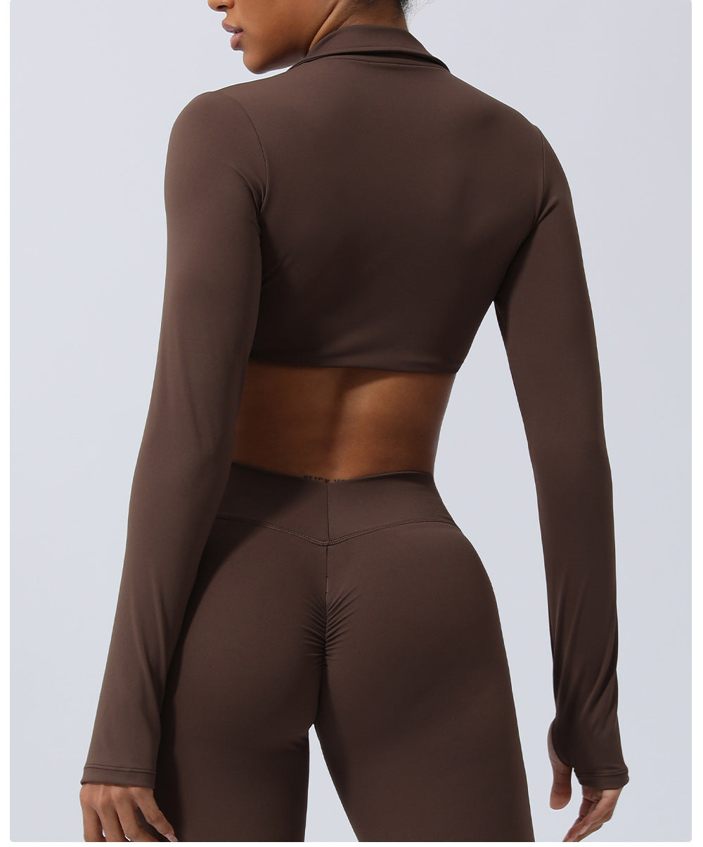Nude Feel Collared Kinky Sports Top Sexy Cropped Exposed Yoga Clothes with Chest Pad Indoor Training Workout Long Sleeve T shirt