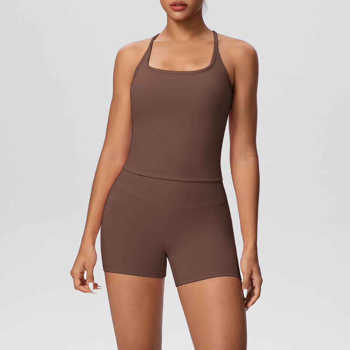 Solid Color Skin Friendly H Shaped Beauty Back Sports Vest Yoga Shorts Tight Leggings Fitness Yoga Wear Set