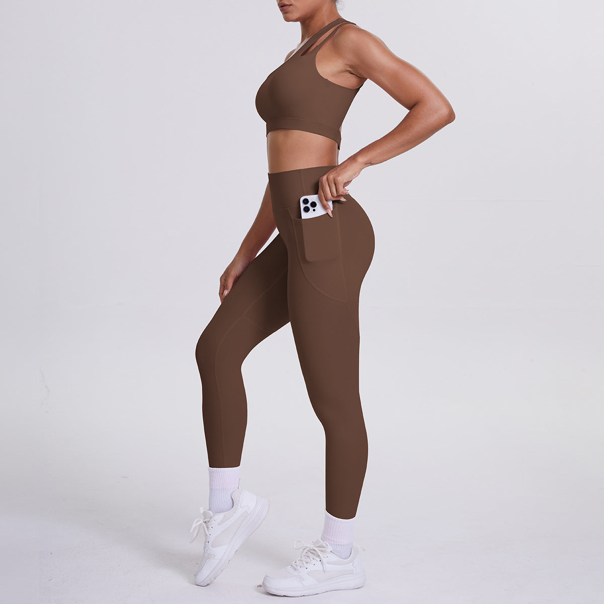 Oblique One Shoulder Beauty Back Yoga Bra Nude Feel Sports Underwear Running Yoga Pants Fitness Pocket Trousers Set