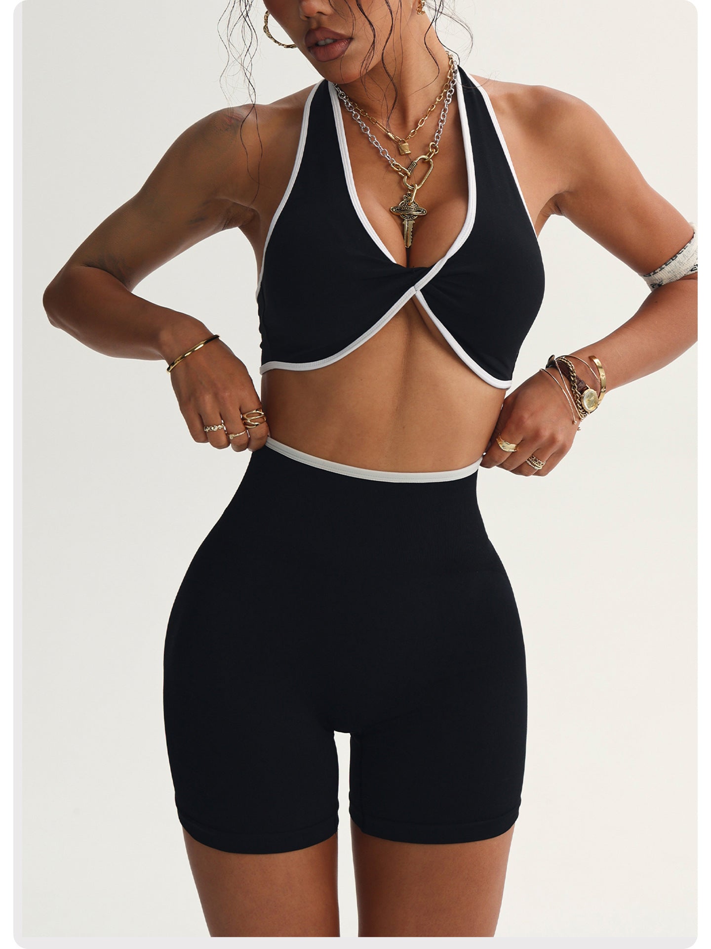 Seamless Yoga Two Piece Sets Women Contrast Color Twist Gathered Yoga Bra Running Fitness Top Yoga Shorts