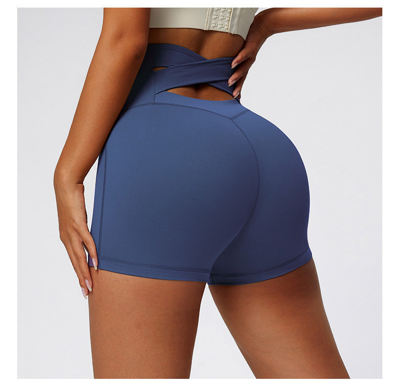 Summer Nude Feel Yoga Shorts High Waist Hip Lift Back Waist Cross Cycling Fitness Exercise Short Shorts