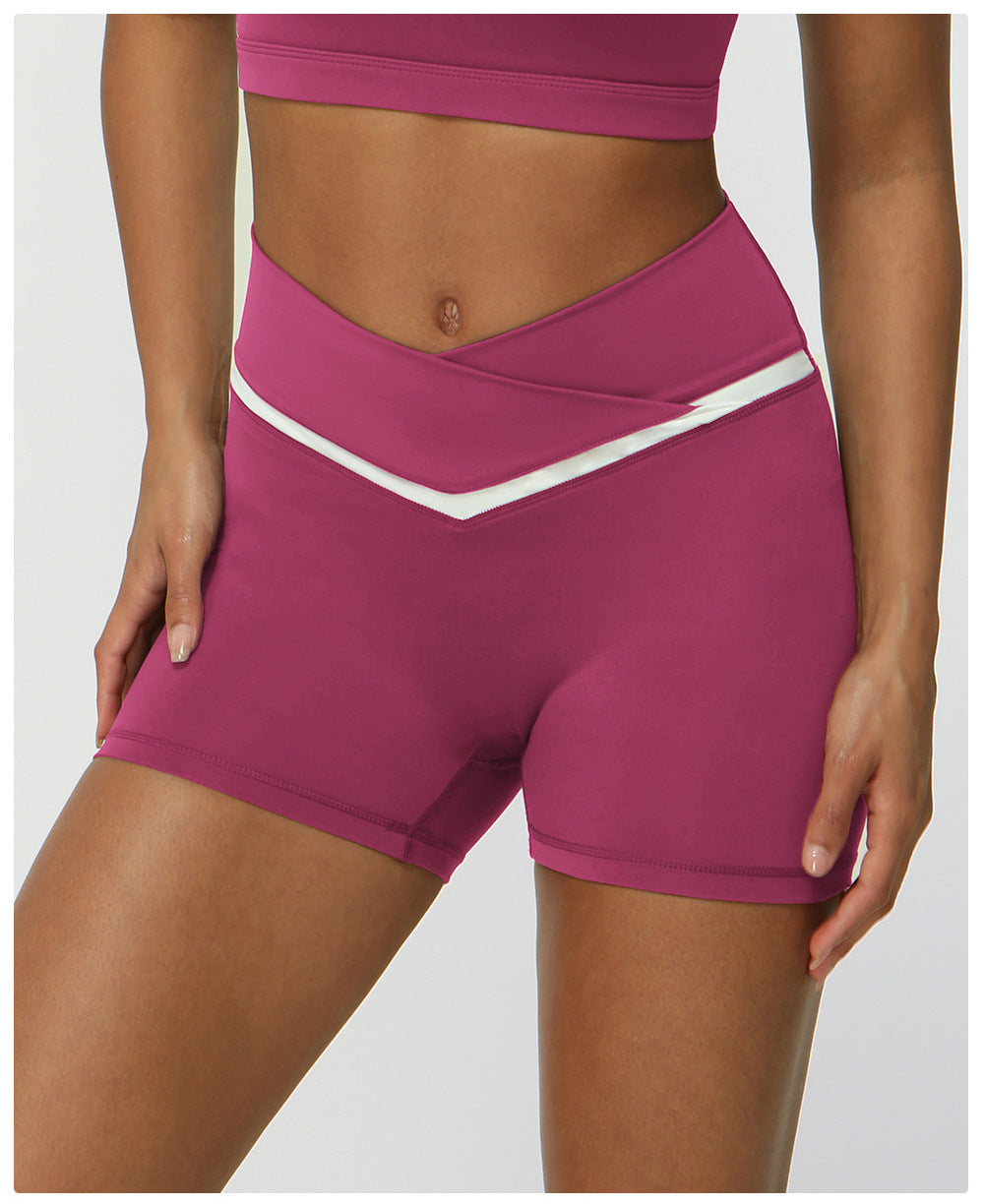 Contrast Color Cross V Waist Sports Shorts Casual Peach Hip Yoga Shorts Skinny Running Fitness Pants