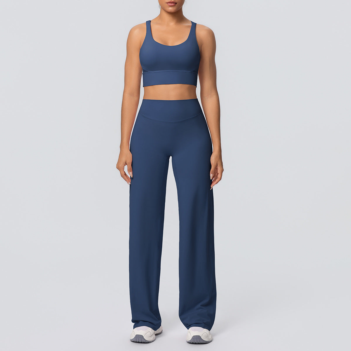 Sexy Cross Shoulder Strap Backless Bra Solid Color Baggy Straight Trousers Fitness Pants Yoga Set for Women