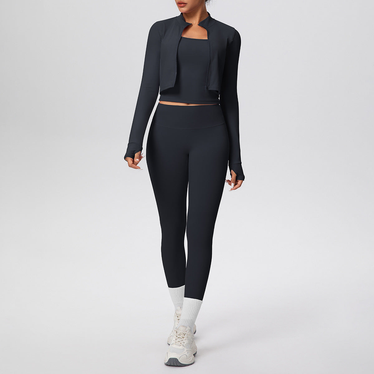 Solid Color Zip Long Sleeve Coat H Shaped Beauty Back Vest Slim Fit Yoga Pants Workout Clothes Yoga Three Piece Set