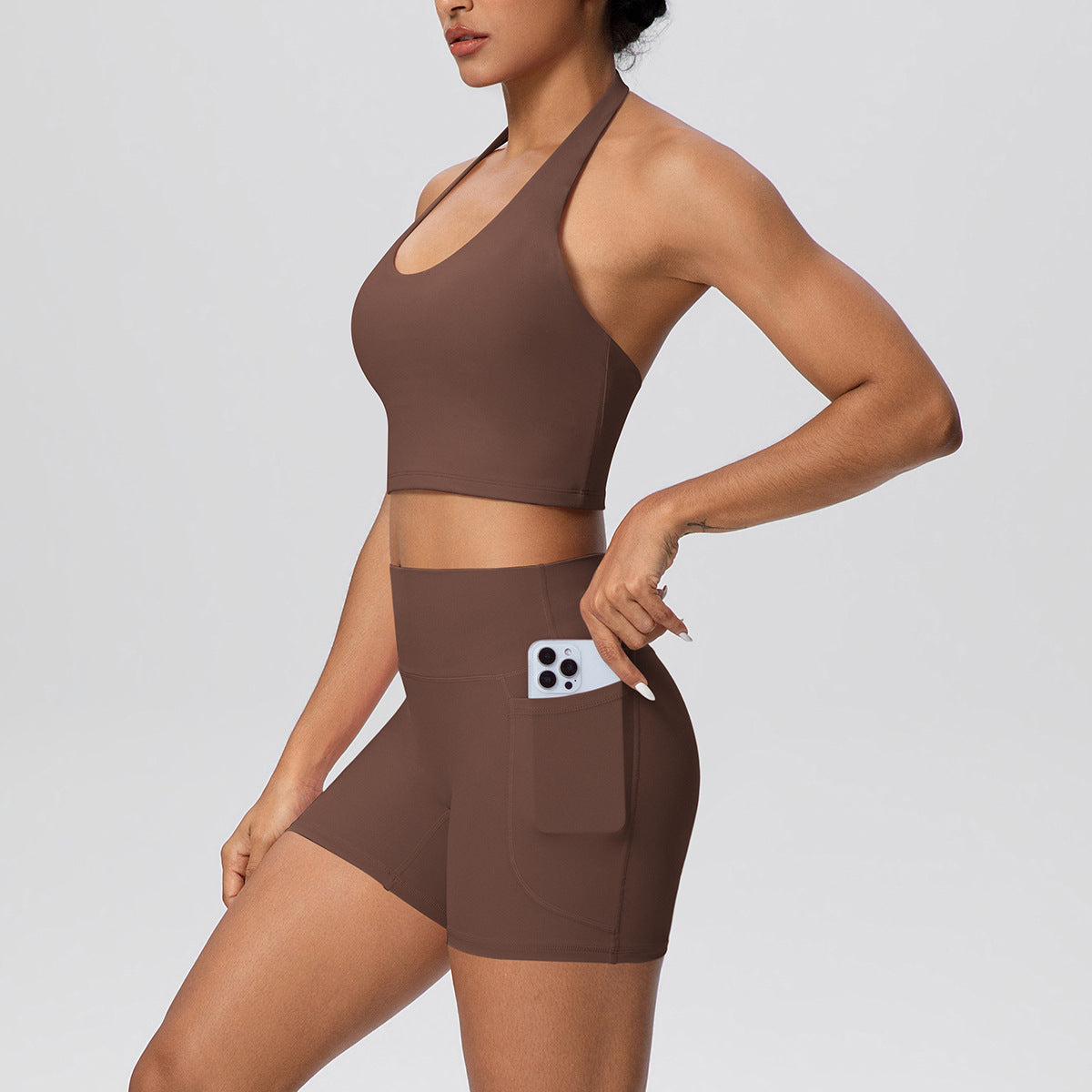 Solid Color Halter Beauty Back Exercise Bra Gathering Vest Pocket Sports Shorts Fitness Pants Yoga Set