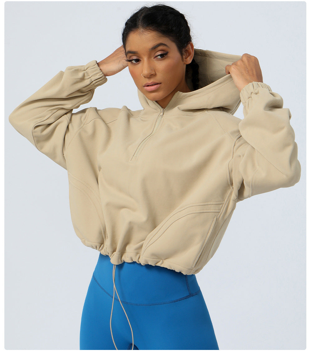 Pullover Hooded Yoga Workout Top Women Outdoor Running Jacket Zipper Loose Long Sleeve Sweatershirt Women