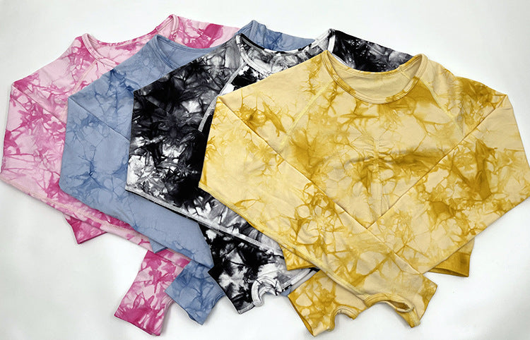 Peach Hip Fitness Pants Tie Dyed Yoga Clothes Nude Feel Brushed Sports Long Sleeve Workout Exercise Pants Yoga Suit Women