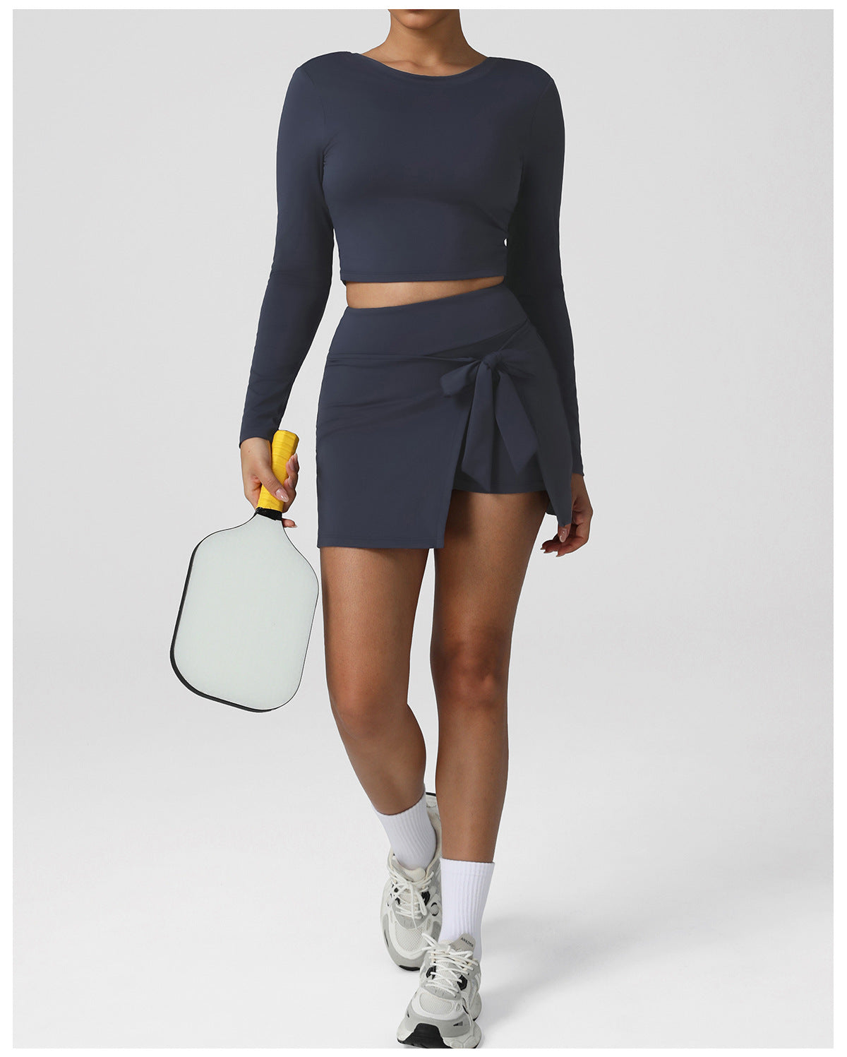 Nude Feel Tennis Women False Two Piece Skirted Leggings Slim Fit Sports Long Sleeved Top Set Outdoor Workout Clothes