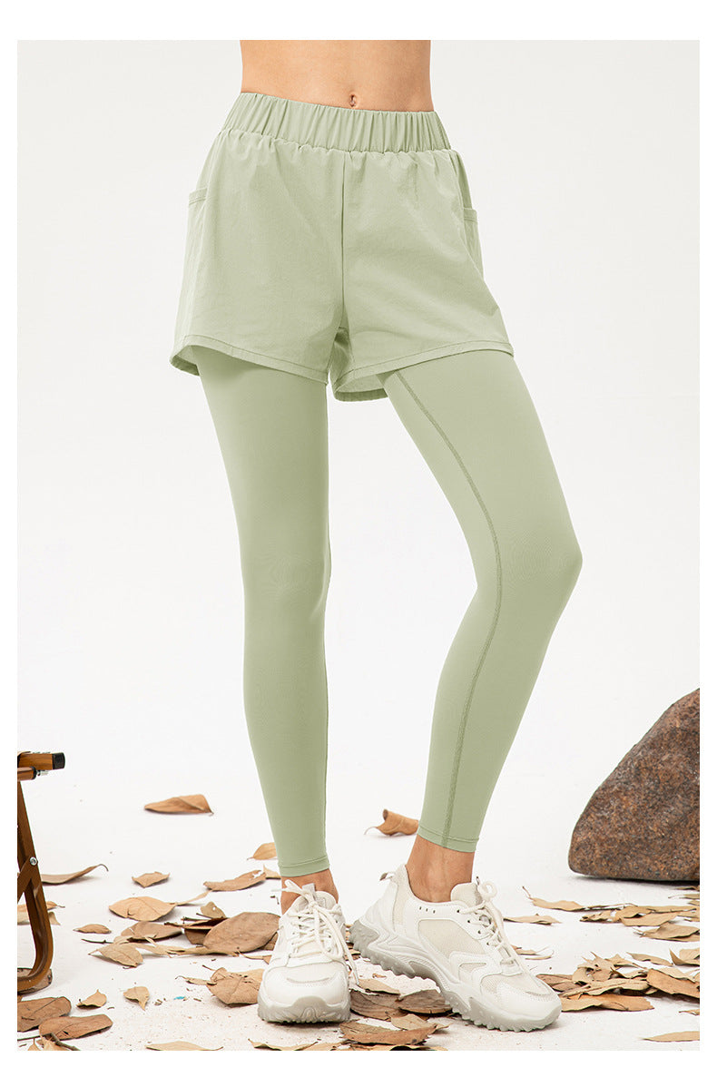 Women Faux Two Piece Yoga Trousers High Waist Hip Lift Fitness Pants Pocket Loose Breathable Running Workout Pants