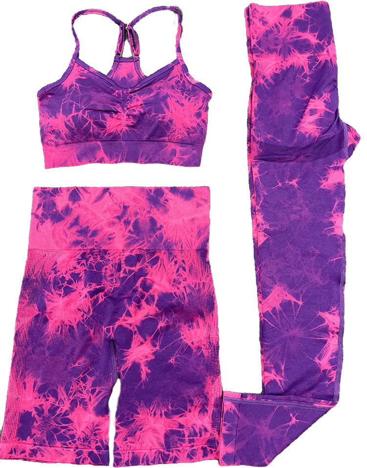 Seamless Knitted Tie Dyed Yoga Clothes Fitness Suit Sports High Waist Elastic Pants Women