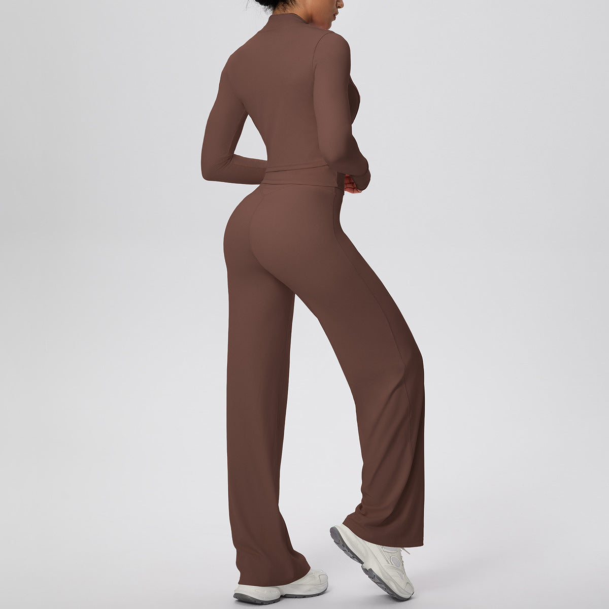 Women Solid Color Zip Long Sleeve Coat Oblique Shoulder Vest Baggy Straight Trousers Workout Clothes Yoga Three Piece Set