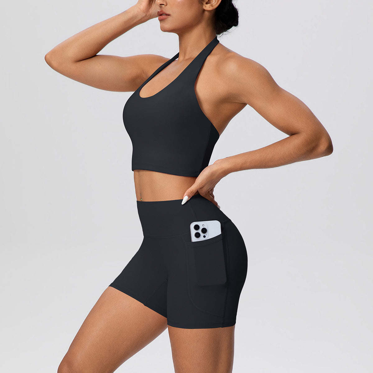 Solid Color Halter Beauty Back Exercise Bra Gathering Vest Pocket Sports Shorts Fitness Pants Yoga Set