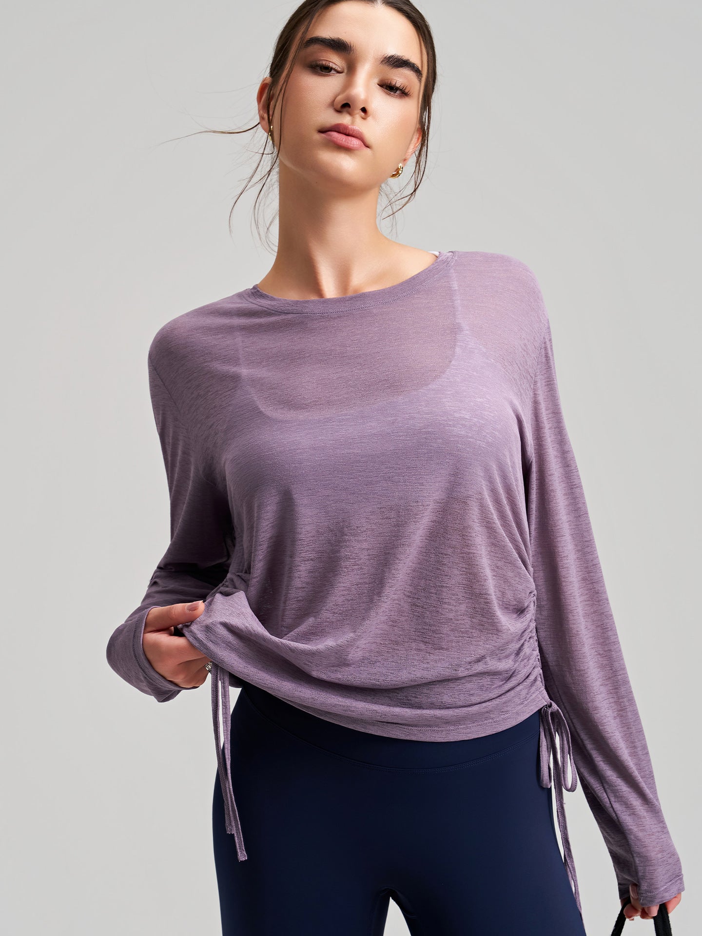 Outer Wear round Neck Yoga Blouse Long Sleeve Thigh Length Side Drawstring T shirt Loose Breathable Fitness Running Yoga Clothes