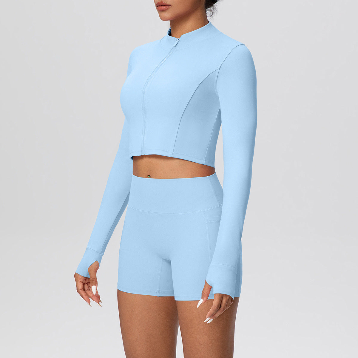 High Waist Nude Feel Thumb Hole Zip Long Sleeve Coat Pocket Shorts Yoga Clothes Fitness Hip Lifting Yoga Set