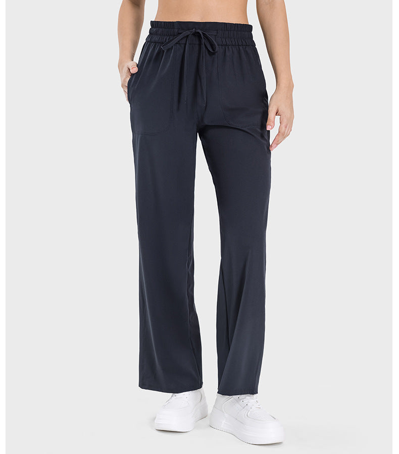 Pocket Slim Fit Slimming High Waist Hip Lift Casual Sports Pants Women Elastic Drawstring Waist Straight Leg Pants