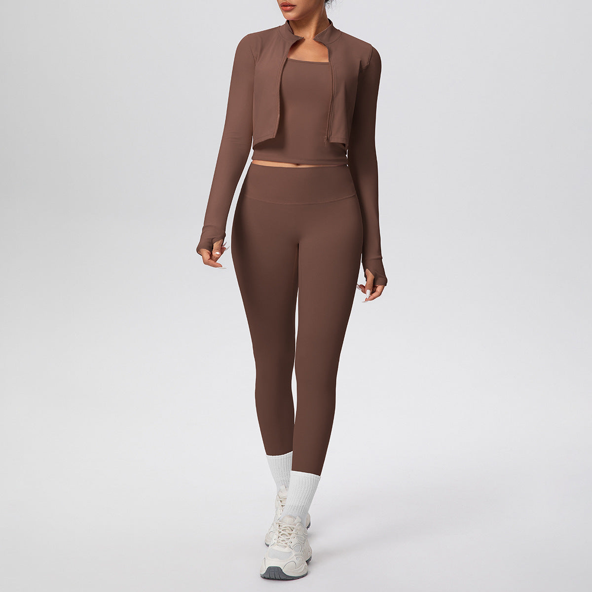 Solid Color Zip Long Sleeve Coat H Shaped Beauty Back Vest Slim Fit Yoga Pants Workout Clothes Yoga Three Piece Set