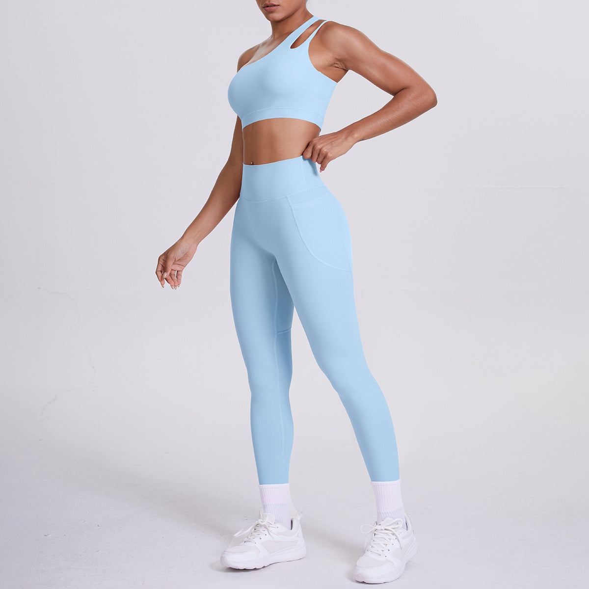 Oblique One Shoulder Beauty Back Yoga Bra Nude Feel Sports Underwear Running Yoga Pants Fitness Pocket Trousers Set