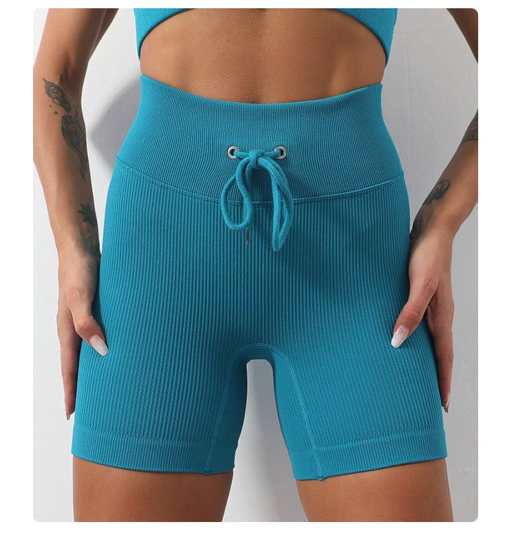Quick Drying Seamless High Waist Sports Yoga Pants Women Thread Drawstring Peach Hip Fitness Pants Cycling Fitness Shorts