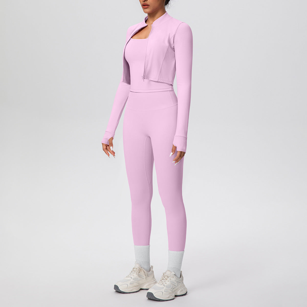 Solid Color Zip Long Sleeve Coat H Shaped Beauty Back Vest Slim Fit Yoga Pants Workout Clothes Yoga Three Piece Set