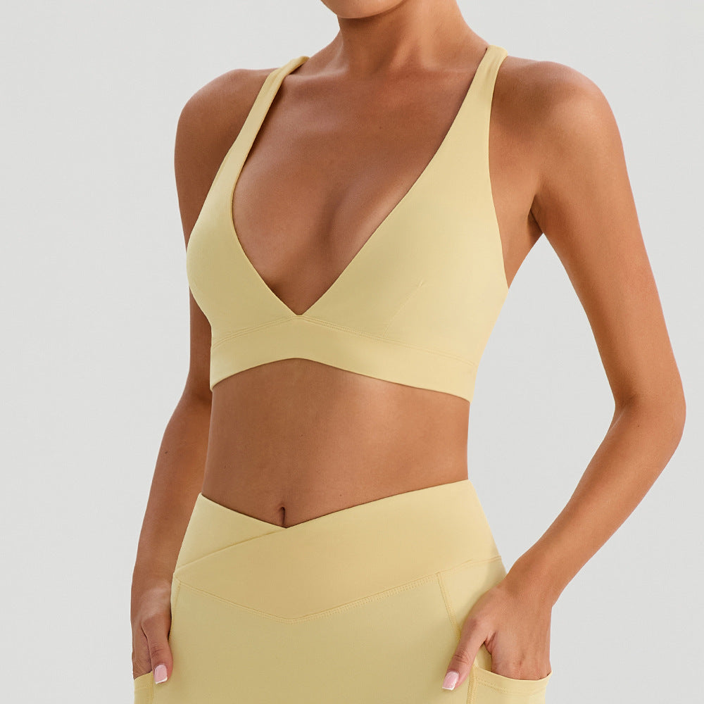 Deep V Plunge Outer Wear Nude Feel Running Sports Bra Cross Back Shaping Shockproof Push up Yoga Clothes Underwear for Women