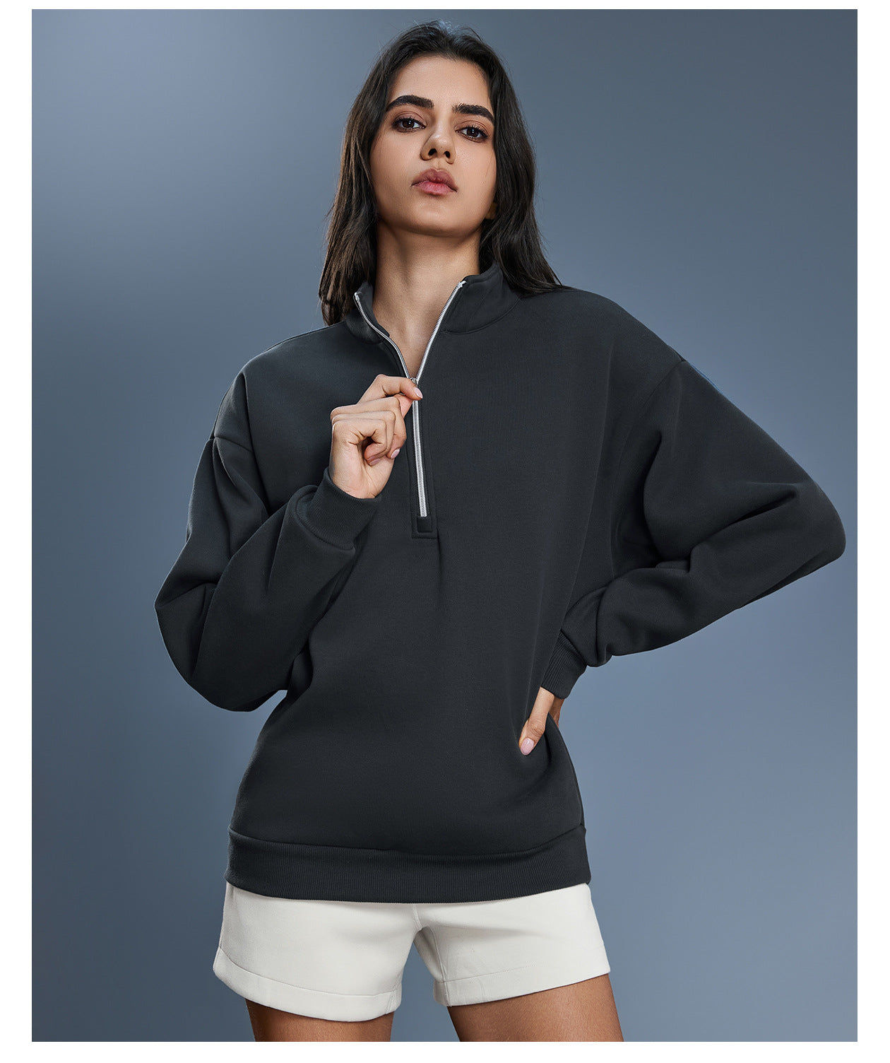 Autumn Winter Half Zipper Fleece Lined Thickening Stand Collar Sweater Women Casual Loose All Matching Warm Top