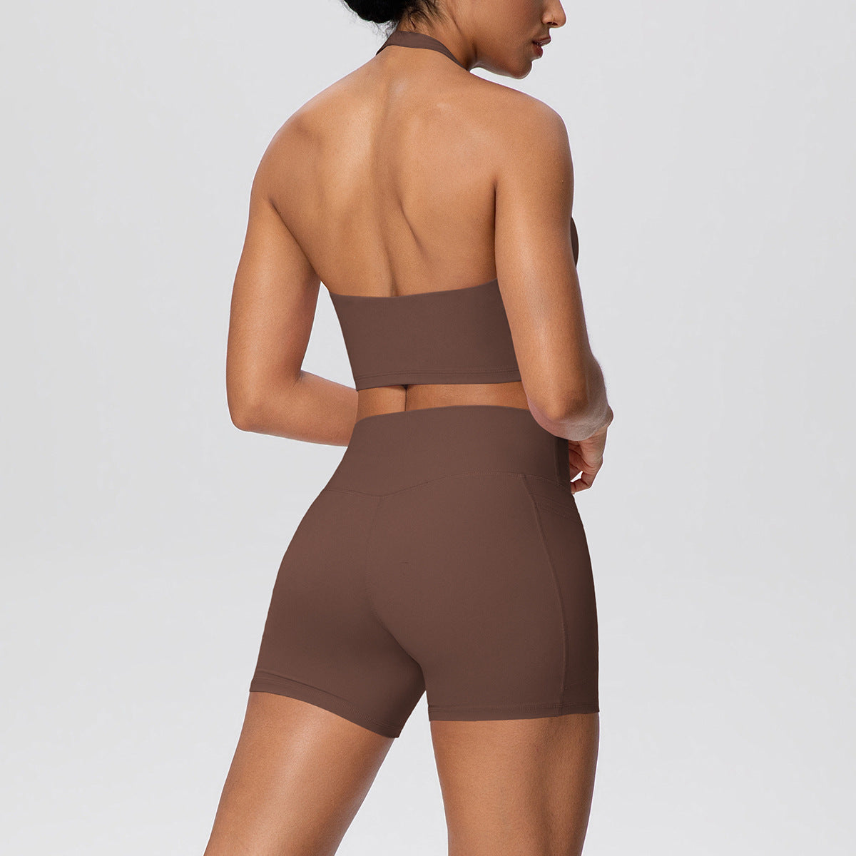Solid Color Halter Beauty Back Exercise Bra Gathering Vest Pocket Sports Shorts Fitness Pants Yoga Set